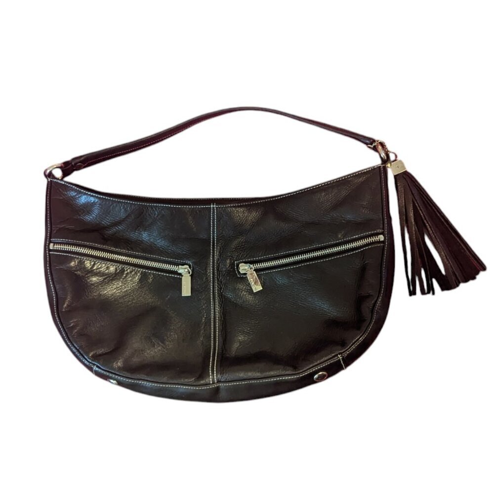 Perlina Y2K Leather Hobo Bag Shoulder Crescent‎ Baguette Tassel Silver Hardware